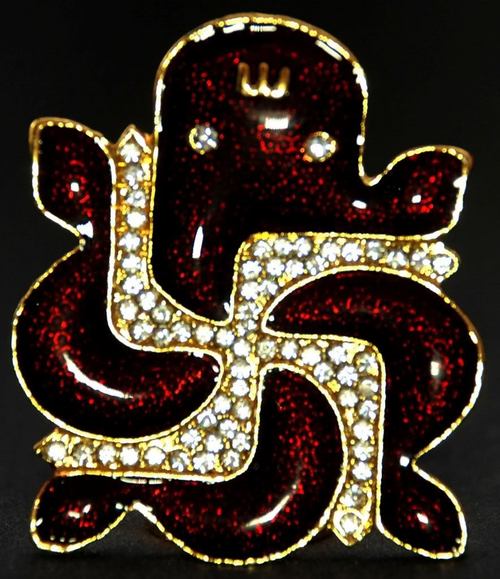 Religious Gift Jewel Studded Ganesha Idol with Swastik Symbol Figurine