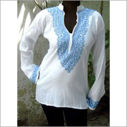 Blue Aari Work White Mul Kurtis