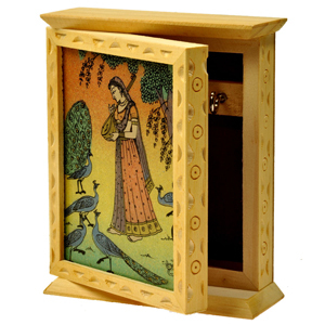 Little India Rajasthani Gemstone Painting Key Holder Box - Wood 10x10x3 Inches Beige | Wall Mounted Decorative Gemstone Art
