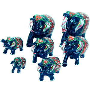 Little India Handmade Papier Mache Work 7 Piece Elephant Set-175 - Papier Mache Dark Blue Varying Sizes | Handmade Intricate Detail Artistic Elephant Decor