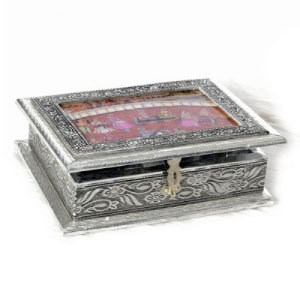 An Attractive oxidised white metal Mughal painted Jewellery box - WHM0915