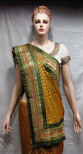 Sarees - Upada Silk, 5.5m x 1.2m, Golden with Green Border | Hand Embroidery, Elegant Design, Fine Workmanship