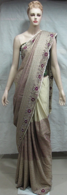 Sarees - Silk 5.5m Cream, Diamond Handwork, Blouse Included, Party Wear