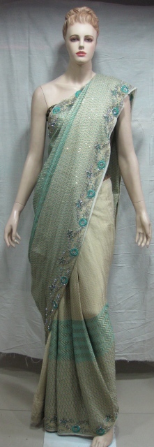 Sarees - Georgette 5.5 Meters, Cream Green | Heavy Diamond Handwork, Sequins Embellished, Elegant Design
