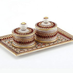 Marvel in Marble - Marble Tray with 2 Utility Containers, Off-White Gold Embossed, Elegant Durable Design