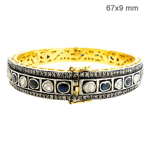 Rose Cut Diamond Blue Sapphire Gold Bangle 