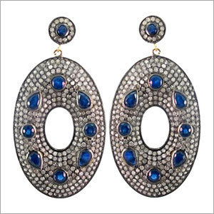 Gemstone Pave Diamond Earrings - 925 Sterling Silver/14k Gold, Blue Sapphire 6.95 CTS, Diamond 8.40 CTS | Elegant Design, Luxury Appeal