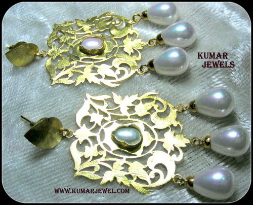 Three Pearl Earrings - Gold with Micro Hard Gold Plating, White Pearls | Elegant Design, Ethnic Appeal, Drop Style
