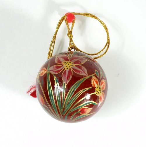 Hanging Ball - Paper Mache, 8cm, Red | Hand-Painted Floral Design, Gold String, Durable, Elegant Decor