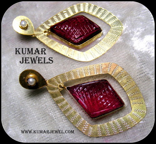 Ethnic Square Stone Earrings - Brass 2x1 cm, Gold Plated, Magenta Drop Stone, Party Wear