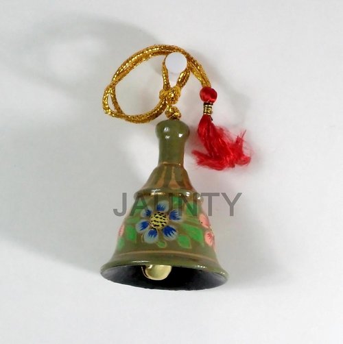 Hanging Bell - Paper Mache, 3x2 Inches, Green Floral | Hand-Painted, Lightweight, Durable, Vibrant Colors