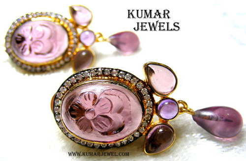 Crystal Stone Small Earrings - Crystal, 15x10 mm, Peach Shade | CZ Stones, Black Rhodium, Flower Design