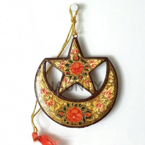 Christmas Hanging - Paper Mache 5x7 Inches Brown, Star & Crescent | Handcrafted, Glossy Finish, Intricate Detail