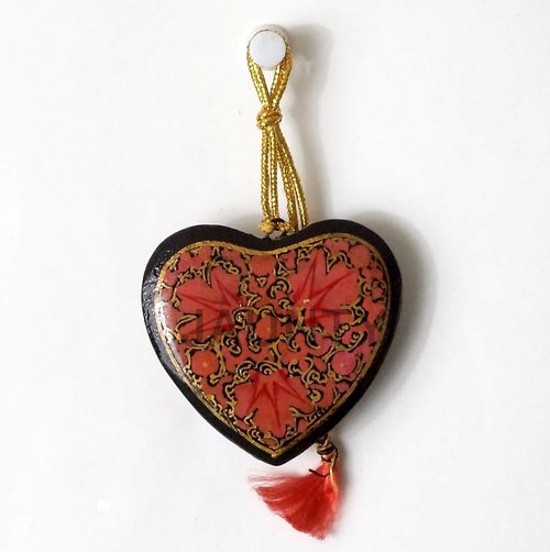 Christmas Hanging - Paper Mache Small Red Heart, Intricate Design, Lightweight Durable Material