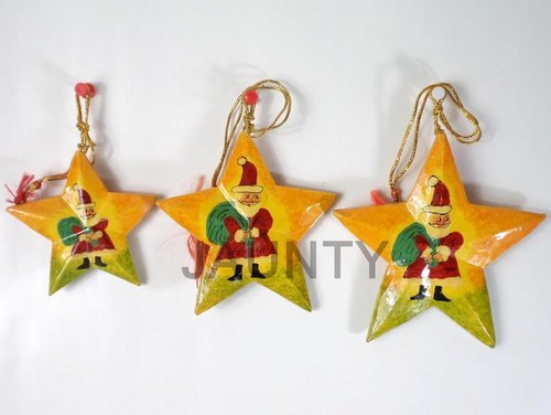 Star Hanging Set - Paper Mache, Various Sizes, Yellow | Santa Theme, Colorful Decoration, Lightweight Jute String