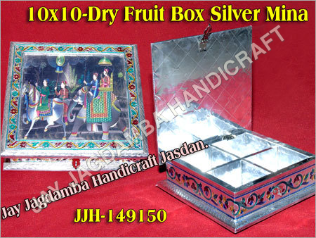 Dry Fruit Box Silver Mina - Metal 10x10 Inches Silver | Handcrafted Mina Kari Design Oxidized Silver Finish Secure Lid Closure Compartments Elegant Gifting Box