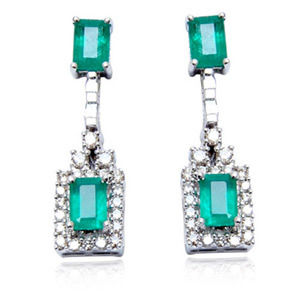 octagon shaped genuine green emerald and diamonds hanging gold earrings for women