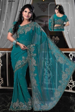 SAREE - Georgette, 5.5 Meters, Teal | Silver Embroidery, Elegant Design, Comfortable Fit
