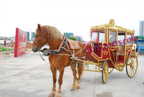 Royal Horse Drawn Cart - Wood & Metal, 3m Length, Burgundy, Two-Seater, Elegant Design, Wedding Processions