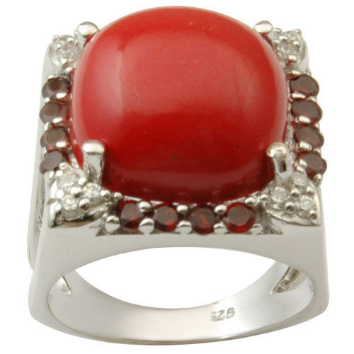 Big Stone Silver Ring Coral Ring Red Synthetic Cor Gender: Women