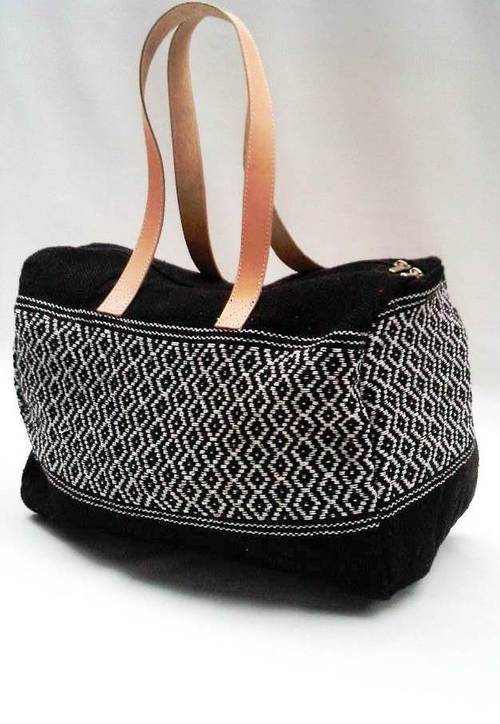 Handloom fabric bag with Leather Handle