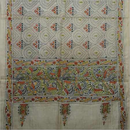 Tasser Kantha Stole - Cotton 72x36 Inches Off-White | Soft Texture Handcrafted Lightweight Stylish