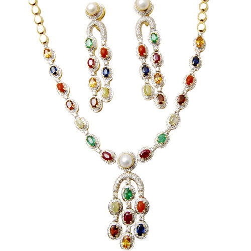 Colourful Precious Gemstone Pearl Necklace Earring