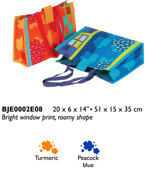 Bright Window Print, Rommy Shapes Jute Bag - 20 x 6 x 14" Blue | Durable, Roomy, Reusable, Lightweight, Stylish, Colorful, Two Handles