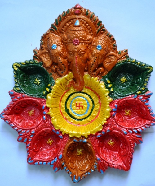GANESH DIYA - Clay, Seven Diyas, Orange | Fabric Decorated, Pearl Accents, Cone Work