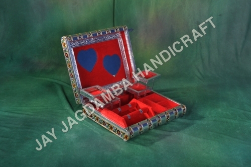 Jewellery Box Mina - Wood & Silver, 5x5x4 Inches, Silver Oxidized | Multiple Compartments, Hinge Lid, Handcrafted Detailing