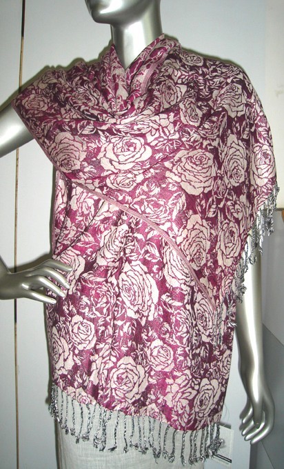 Scarves with Printed Design - Silk, 50x180 cm, Burgundy | Soft Fabric, Floral Print, Customizable, Fringe