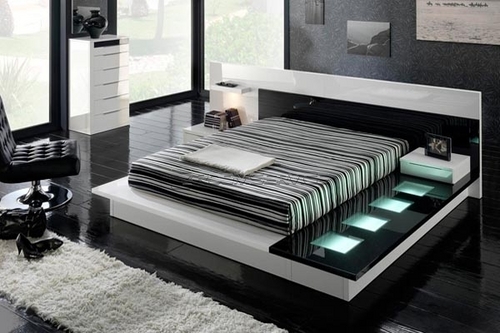 Modern Wood and Glass King Size Bed - Black, Built-in Lighting, Spacious Storage, Easy Assembly