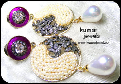 Designer Pearl Earrings - Gold Plated, 25x15 mm, Magenta | Pearl Accents, CZ Stones, Oxidized Base