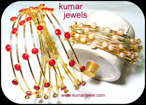 Fashion Stone Bracelets - Gold Plated Coral Stones, 5-6 Bangles, Adjustable Closure