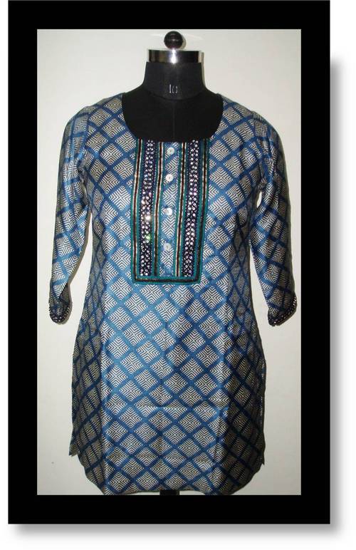 Designer Ladies Kurtis - Silk, Medium, Blue | Stylish Design, Rhinestone Embellishments, Round Neck, 3/4 Sleeve, 28 Inch Length