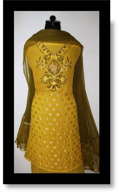 Formal Suit - Silk, Medium, Mustard Yellow | Hand Embroidery, Elegant Design, Perfect Fit, Comfortable Wear