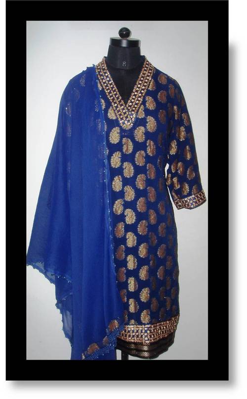 Formal Suit - Silk Blend, 45 Inches, Blue | Gold Embroidery, Elegant Design, Customizable Fit, V-neck, 3/4 Sleeves, Comfortable Wear