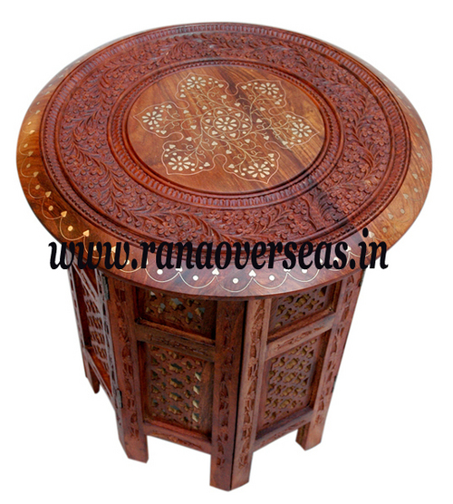 Sheesham Wood Hand Carved Brass Inlay Table