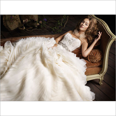 Ivory Organza Wave Floral Beaded Bridal Ball Gown