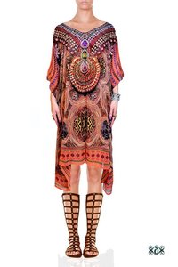 Digital Print Embellished Short Pure Silk Kaftan Decoration Material: Stones