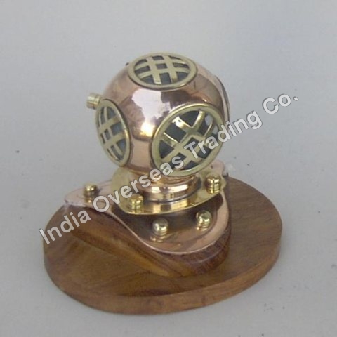 COPPER BRASS DIVERS HELMET WITH WOODEN BASE