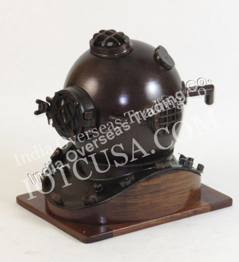 ANTIQUE IRON DIVERS HELMET WITH WOODEN BASE