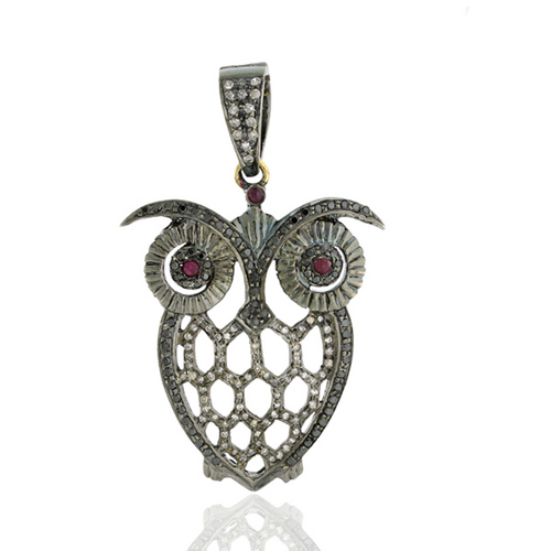 18k Gold Pave Diamond Ruby Owl Charm Pendant