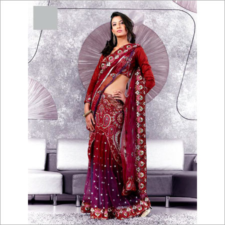 Saree - Maroon Georgette, 5.5 Meters | Embroidered Work, Elegant Design, Comfortable Wear