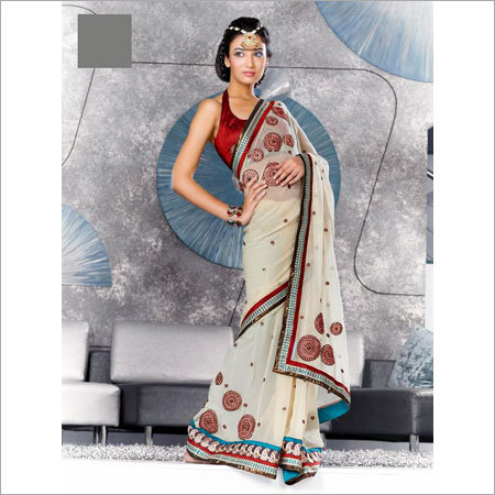 Saree - Georgette, 5.5m Length, Off-White | Embroidered Border, Floral Print, Elegant Design, Soft Fabric, Comfortable Wear