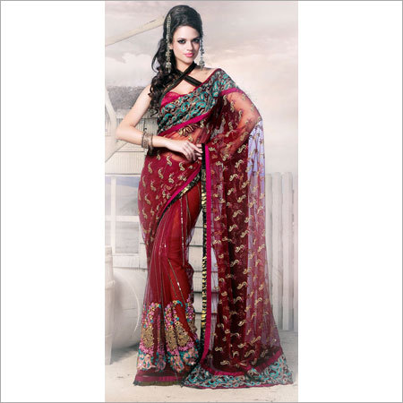 Saree - Georgette, 5.5 Meters, Maroon | Hand-Embroidered, Elegant Design, Soft Fabric, Intricate Embroidery