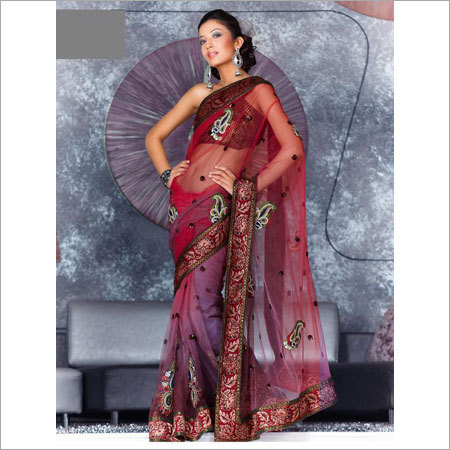 Saree - Net Fabric, 5.5 Meters, Burgundy | Elegant Design, Intricate Floral Embroidery, Comfortable Fit, Perfect Drape
