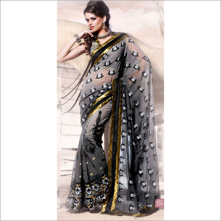 Saree - Net Fabric, 5.5 Meters, Black | Floral Handcrafted Embroidery, Elegant Design, Comfortable Fit