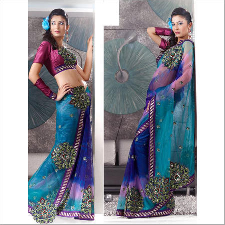 Saree - Georgette, 5.5 Meters, Teal | Hand-Embroidered, Elegant Design, Comfortable Fit, Party Wear
