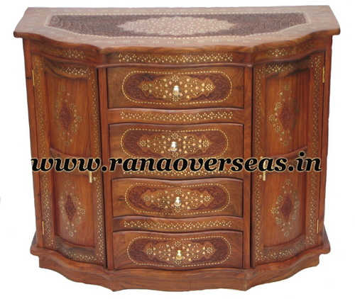 Wooden Carved Brass Inlay Bar Table